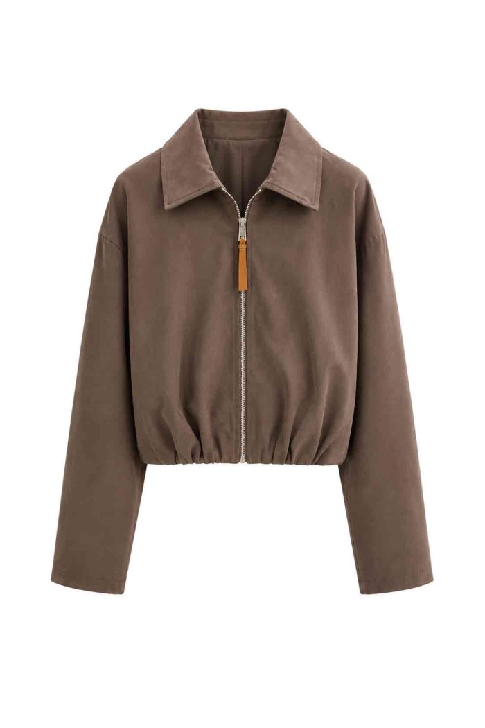 CHAQUETA CORTA EFECTO ANTE CON CREMALLERA Y CUELLO CAMISERO FBZMR22511