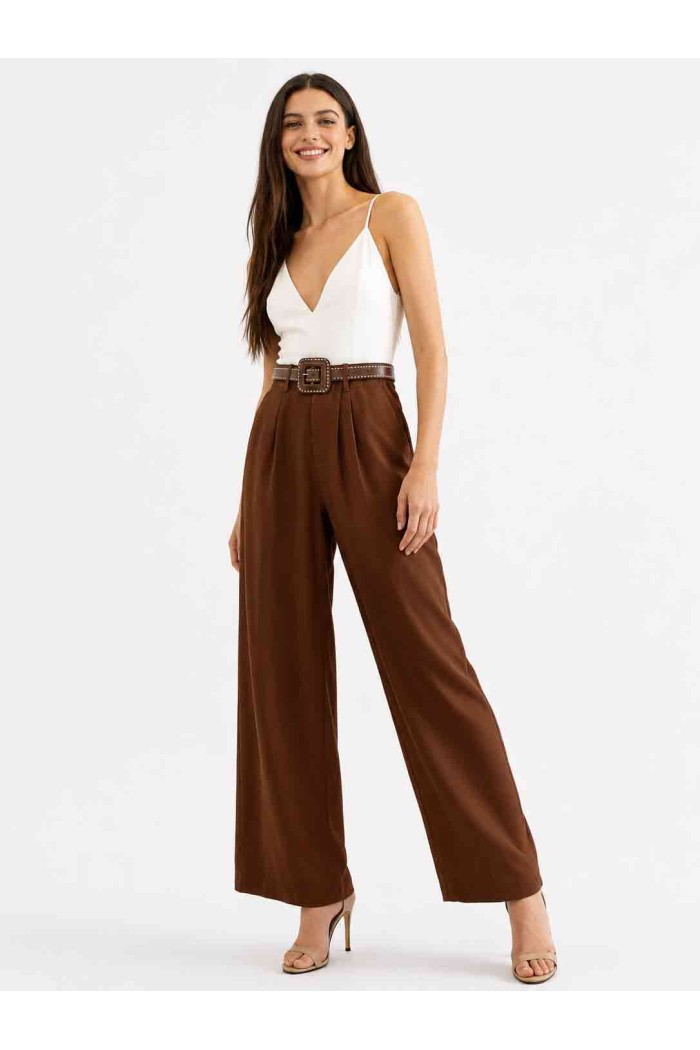 PANTALÓN PALAZZO DE TIRO ALTO CON CINTURÓN DE TACHUELAS DBT-X6331