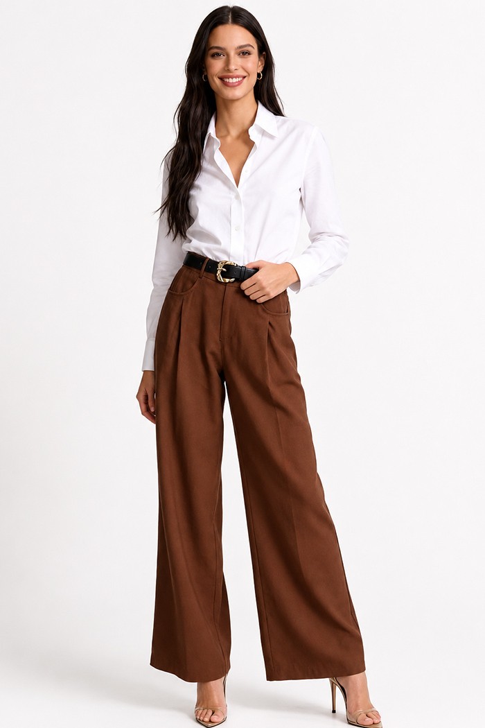 PANTALÓN PALAZZO DE TIRO ALTO CON CINTURÓN Y HEBILLA DORADA DBT-X6332