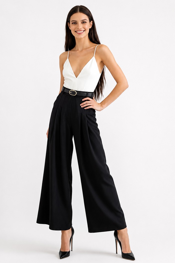 PANTALÓN PALAZZO PLISADO DE TIRO ALTO CON CINTURÓN DBT-X6338
