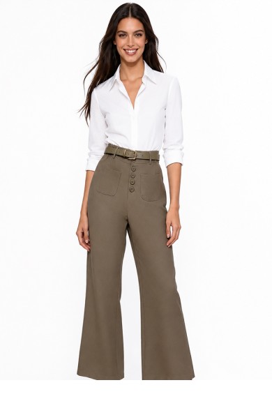 PANTALÓN PALAZZO DE TIRO ALTO CON CINTURÓN Y BOTONES DECORATIVOS PARA MUJER DBT-X6335