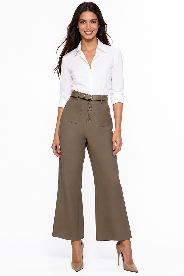PANTALÓN PALAZZO DE TIRO ALTO CON CINTURÓN Y BOTONES DECORATIVOS PARA MUJER DBT-X6335