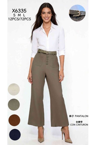 PANTALÓN PALAZZO DE TIRO ALTO CON CINTURÓN Y BOTONES DECORATIVOS PARA MUJER DBT-X6335