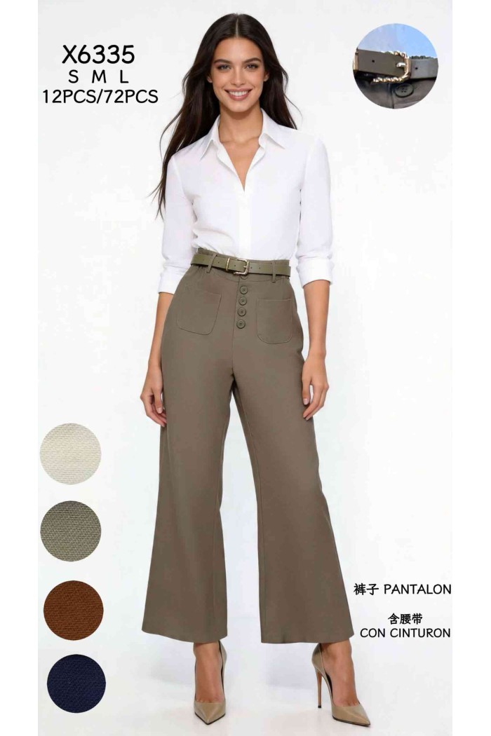 PANTALÓN PALAZZO DE TIRO ALTO CON CINTURÓN Y BOTONES DECORATIVOS PARA MUJER DBT-X6335