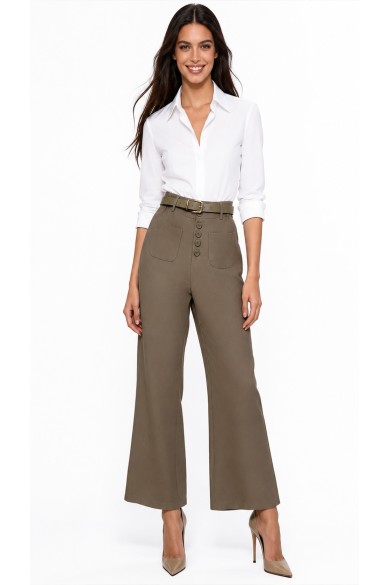 PANTALÓN PALAZZO DE TIRO ALTO CON CINTURÓN Y BOTONES DECORATIVOS PARA MUJER DBT-X6335