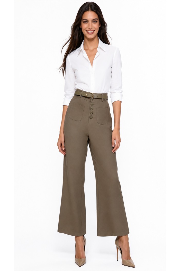 PANTALÓN PALAZZO DE TIRO ALTO CON CINTURÓN Y BOTONES DECORATIVOS PARA MUJER DBT-X6335