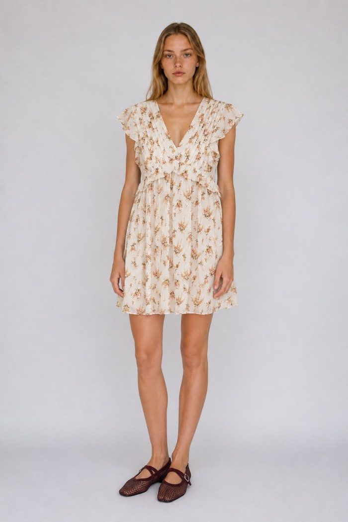 VESTIDO CORTO DE MUJER CON ESTAMPADO FLORAL, VOLANTES Y ESCOTE EN V FBZMR8947