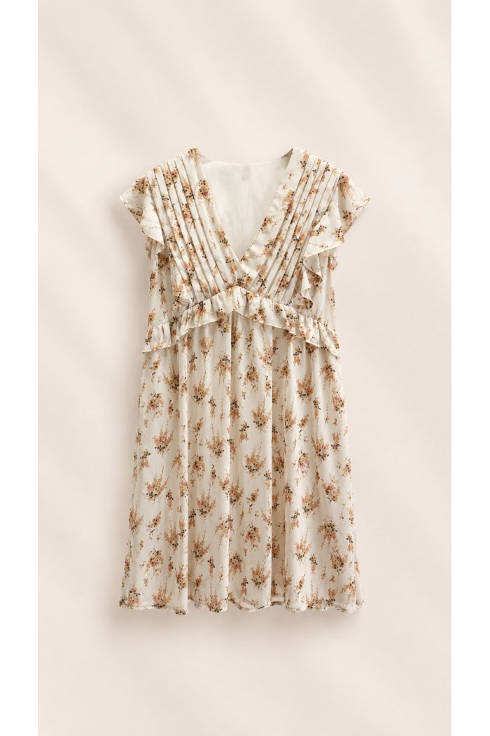 VESTIDO CORTO DE MUJER CON ESTAMPADO FLORAL, VOLANTES Y ESCOTE EN V FBZMR8947