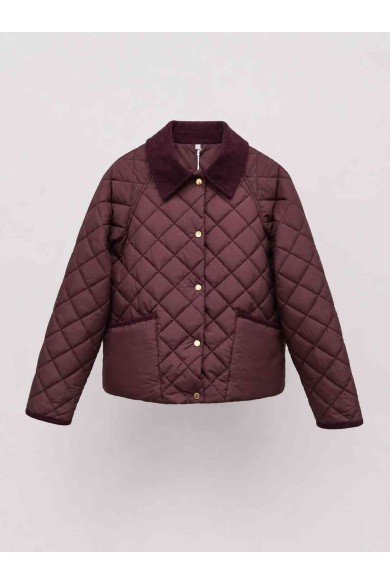 CHAQUETA ACOLCHADA CORTA PARA MUJER CON CUELLO DE PANA Y BOTONES A PRESIÓN GRANATE TY-M9306