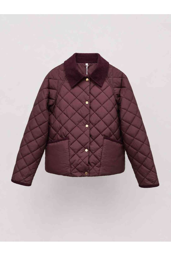 CHAQUETA ACOLCHADA CORTA PARA MUJER CON CUELLO DE PANA Y BOTONES A PRESIÓN GRANATE TY-M9306