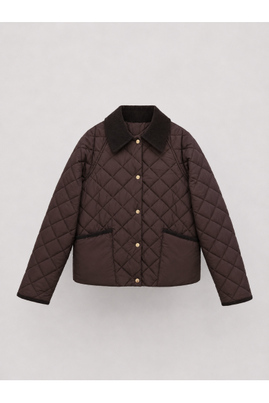 CHAQUETA ACOLCHADA CORTA PARA MUJER CON CUELLO DE PANA Y BOTONES A PRESIÓN MARRON TY-M9306