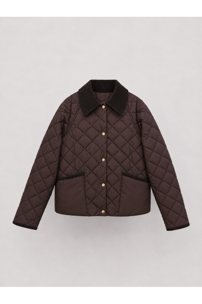 CHAQUETA ACOLCHADA CORTA PARA MUJER CON CUELLO DE PANA Y BOTONES A PRESIÓN MARRON TY-M9306