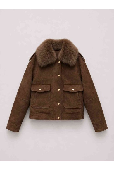 CHAQUETA CORTA CON CUELLO DE PELO SINTÉTICO ESTILO AVIADOR PARA MUJER MARRON TY-M9323