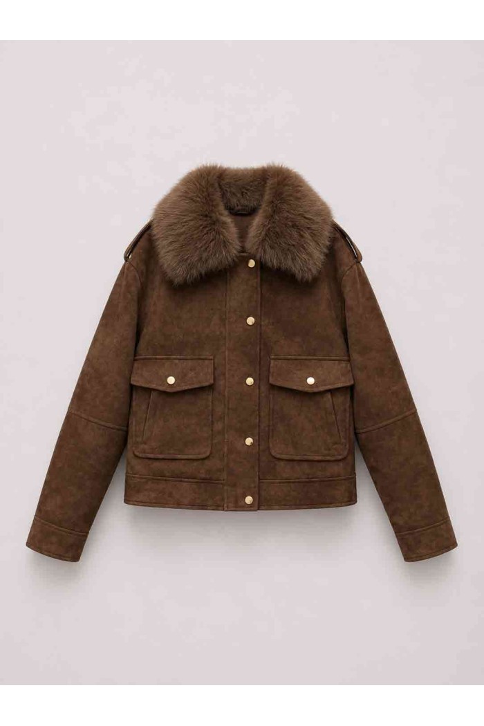 CHAQUETA CORTA CON CUELLO DE PELO SINTÉTICO ESTILO AVIADOR PARA MUJER MARRON TY-M9323