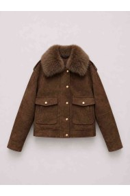 CHAQUETA CORTA CON CUELLO DE PELO SINTÉTICO ESTILO AVIADOR PARA MUJER MARRON TY-M9323