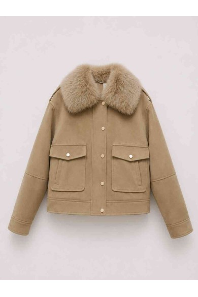 CHAQUETA CORTA CON CUELLO DE PELO SINTÉTICO ESTILO AVIADOR PARA MUJER BEIGE TY-M9323