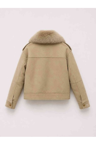 CHAQUETA CORTA CON CUELLO DE PELO SINTÉTICO ESTILO AVIADOR PARA MUJER BEIGE TY-M9323