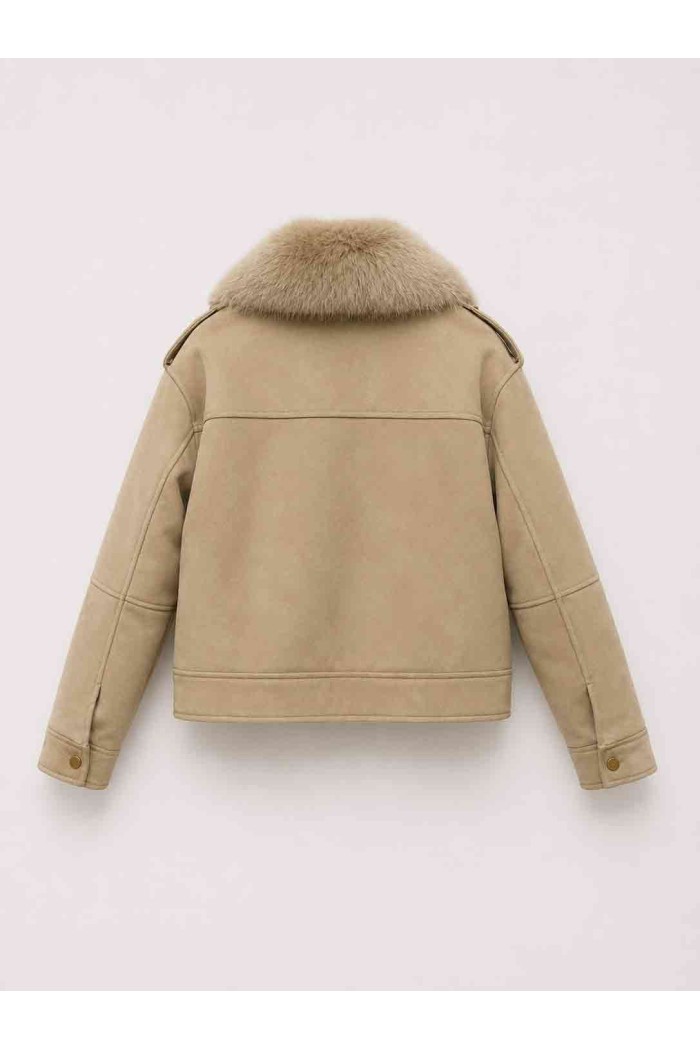 CHAQUETA CORTA CON CUELLO DE PELO SINTÉTICO ESTILO AVIADOR PARA MUJER BEIGE TY-M9323