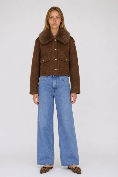 CHAQUETA CORTA CON CUELLO DE PELO SINTÉTICO ESTILO AVIADOR PARA MUJER MARRON TY-M9323