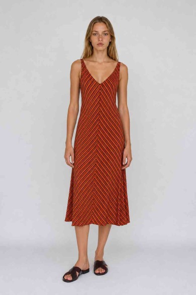 Vestido Midi Mujer Sin Mangas a Rayas, Escote en V y Corte Evasé, Estilo Casual Elegante FBZMR22575