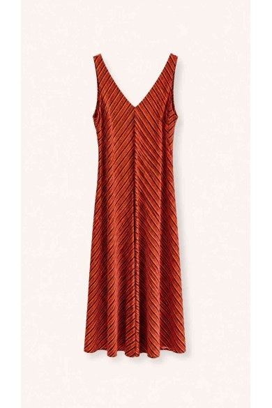 Vestido Midi Mujer Sin Mangas a Rayas, Escote en V y Corte Evasé, Estilo Casual Elegante FBZMR22575