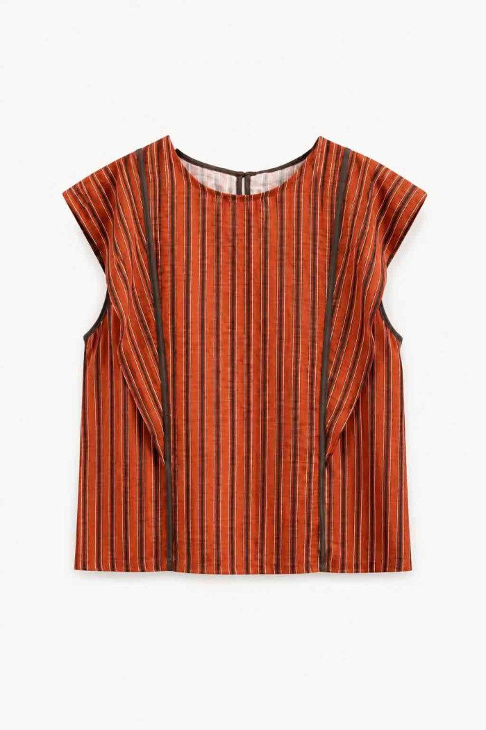 Blusa Mujer a Rayas con Manga Corta, Cuello Redondo y Detalles de Contraste, Estilo Casual FBZMR22591A