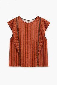 Blusa Mujer a Rayas con Manga Corta, Cuello Redondo y Detalles de Contraste, Estilo Casual FBZMR22591A
