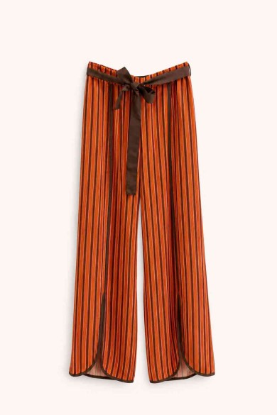 Pantalón Palazzo Mujer a Rayas con Cinturón, Pierna Ancha y Aberturas Laterales, Estilo Casual Elegante FBZMR22591B
