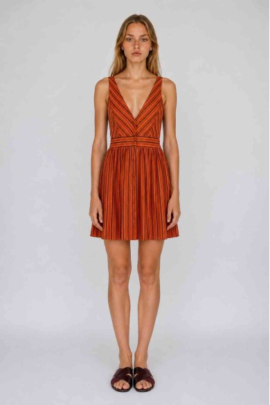 Vestido Mujer Sin Mangas a Rayas, Escote en V, Cintura Ajustada y Botones Frontales, Estilo Casual FBZMR22592