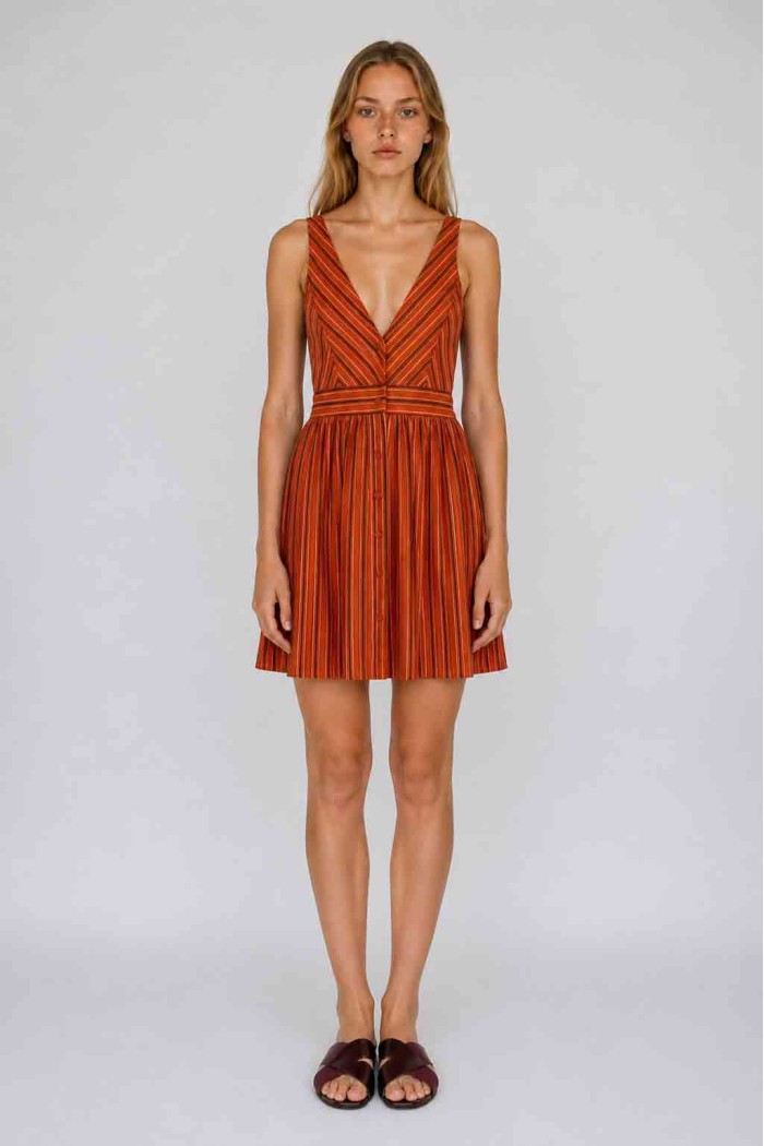 Vestido Mujer Sin Mangas a Rayas, Escote en V, Cintura Ajustada y Botones Frontales, Estilo Casual FBZMR22592