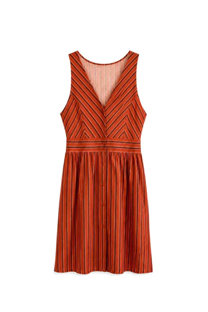Vestido Mujer Sin Mangas a Rayas, Escote en V, Cintura Ajustada y Botones Frontales, Estilo Casual FBZMR22592