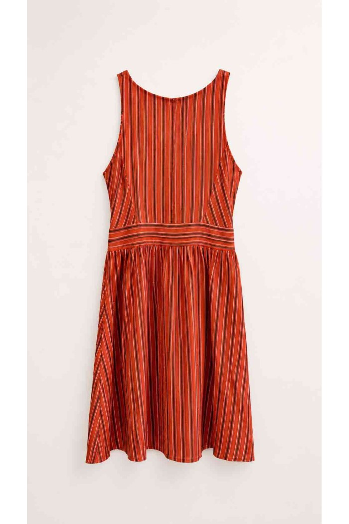 Vestido Mujer Sin Mangas a Rayas, Escote en V, Cintura Ajustada y Botones Frontales, Estilo Casual FBZMR22592