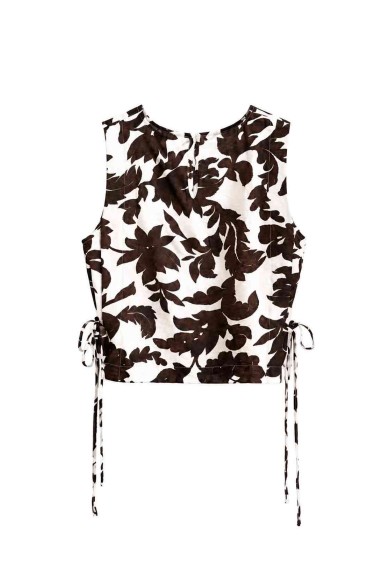 Top Mujer Sin Mangas con Estampado Floral y Lazos Laterales Ajustables, Estilo Casual FBZMR22566