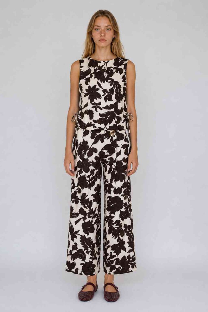 Pantalón Palazzo Mujer con Estampado Floral, Cintura Alta y Detalle de Hebilla, Pierna Ancha Estilo Casual Elegante FBZMR22567