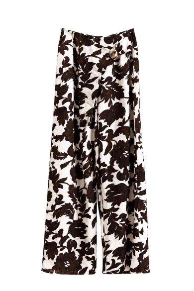 Pantalón Palazzo Mujer con Estampado Floral, Cintura Alta y Detalle de Hebilla, Pierna Ancha Estilo Casual Elegante FBZMR22567