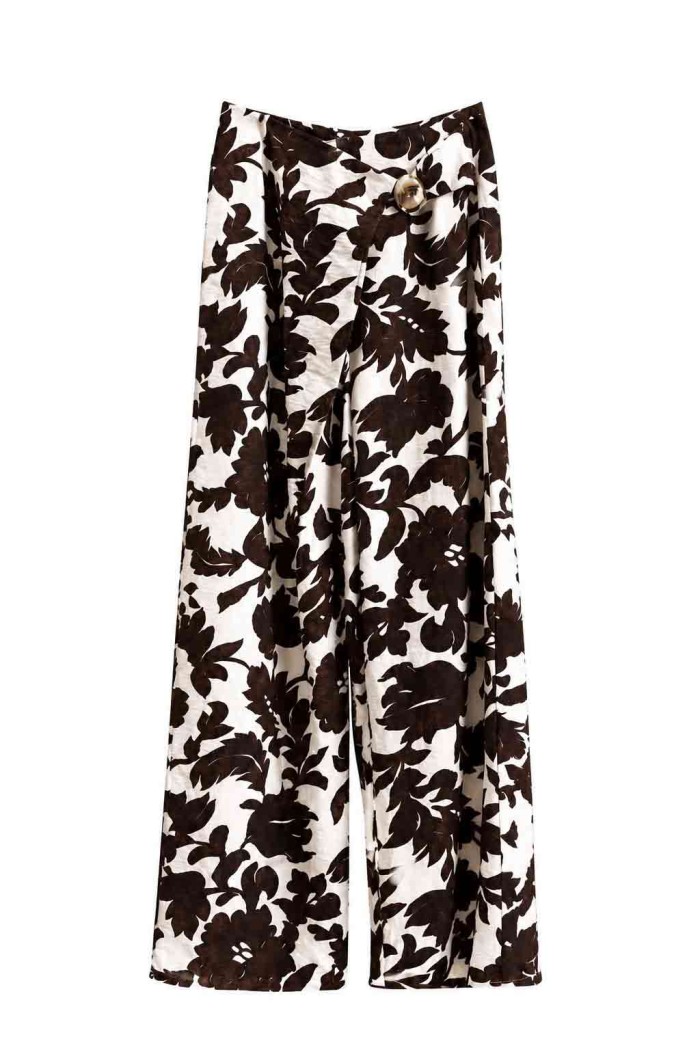 Pantalón Palazzo Mujer con Estampado Floral, Cintura Alta y Detalle de Hebilla, Pierna Ancha Estilo Casual Elegante FBZMR22567