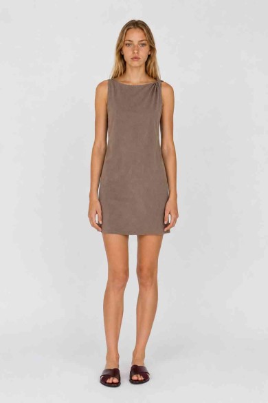 Vestido Corto Mujer Sin Mangas con Detalle de Nudo en Hombro, Diseño Liso y Corte Recto Casual FBZMR22605