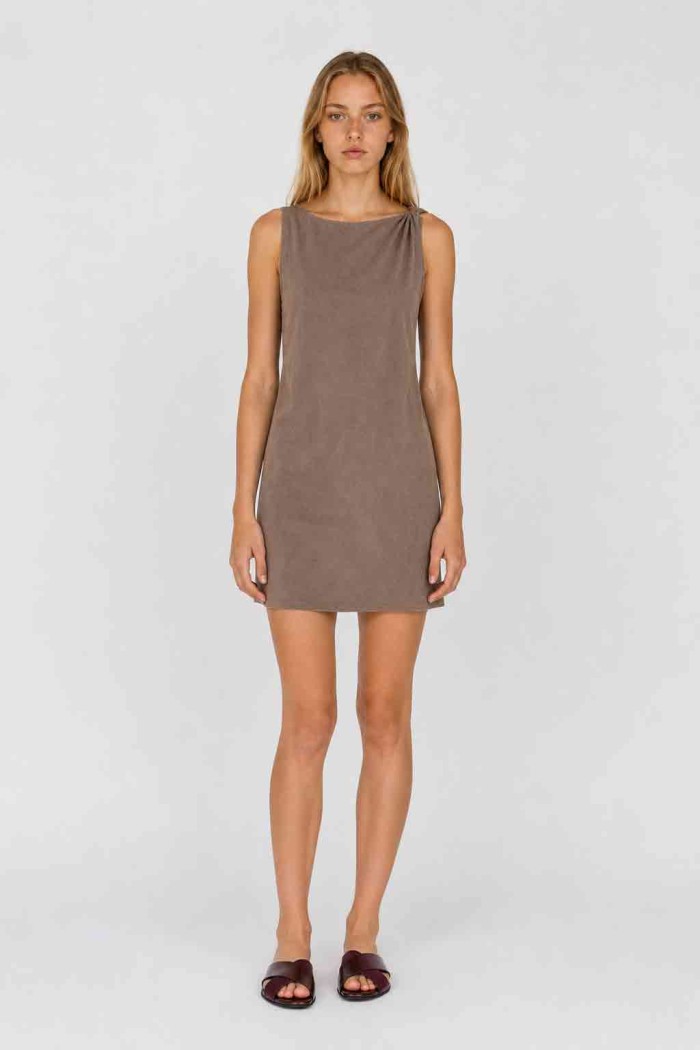 Vestido Corto Mujer Sin Mangas con Detalle de Nudo en Hombro, Diseño Liso y Corte Recto Casual FBZMR22605
