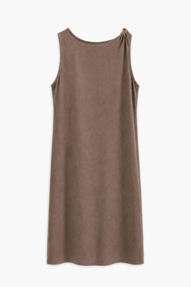Vestido Corto Mujer Sin Mangas con Detalle de Nudo en Hombro, Diseño Liso y Corte Recto Casual FBZMR22605