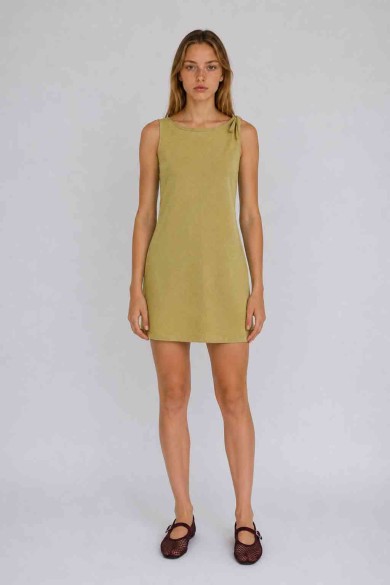 Vestido Corto Mujer Sin Mangas con Detalle de Nudo en Hombro, Diseño Liso y Corte Recto Casual FBZMR22606