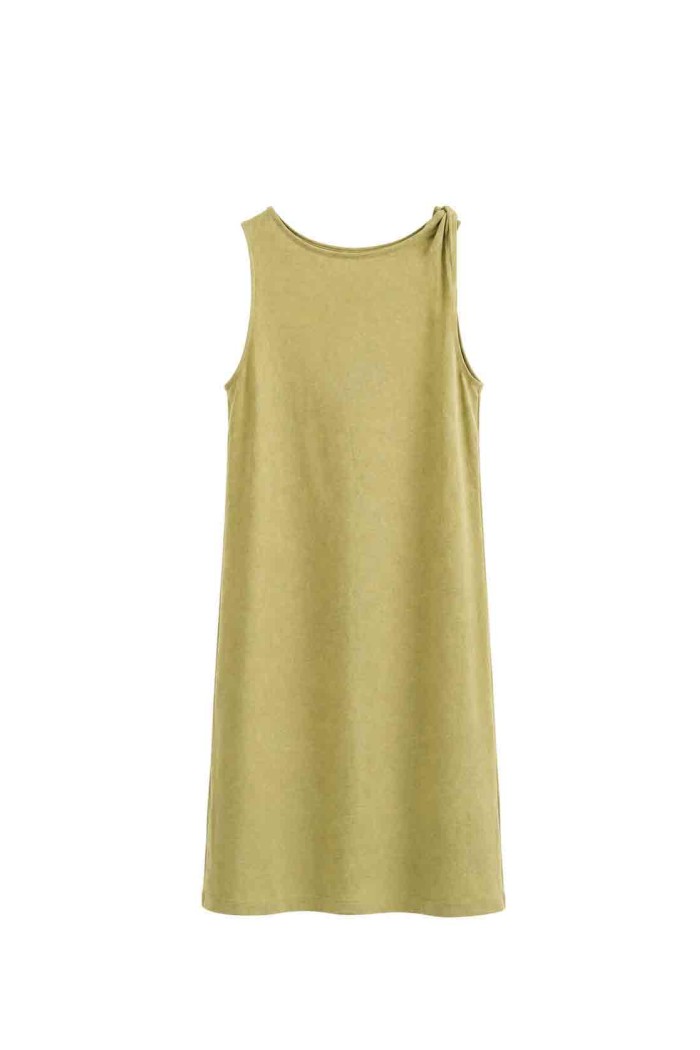 Vestido Corto Mujer Sin Mangas con Detalle de Nudo en Hombro, Diseño Liso y Corte Recto Casual FBZMR22606