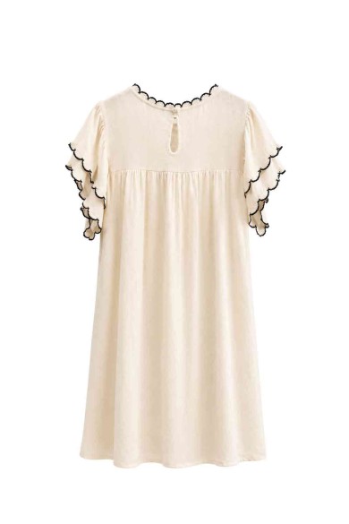 Vestido Mujer con Bordado Decorativo, Manga Corta con Volantes y Detalles de Encaje, Estilo Boho Casual FBZMR22543