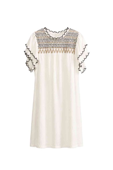Vestido Mujer con Bordado Decorativo, Manga Corta con Volantes y Detalles de Encaje, Estilo Boho Casual FBZMR22546