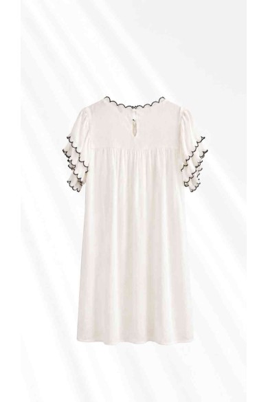 Vestido Mujer con Bordado Decorativo, Manga Corta con Volantes y Detalles de Encaje, Estilo Boho Casual FBZMR22546