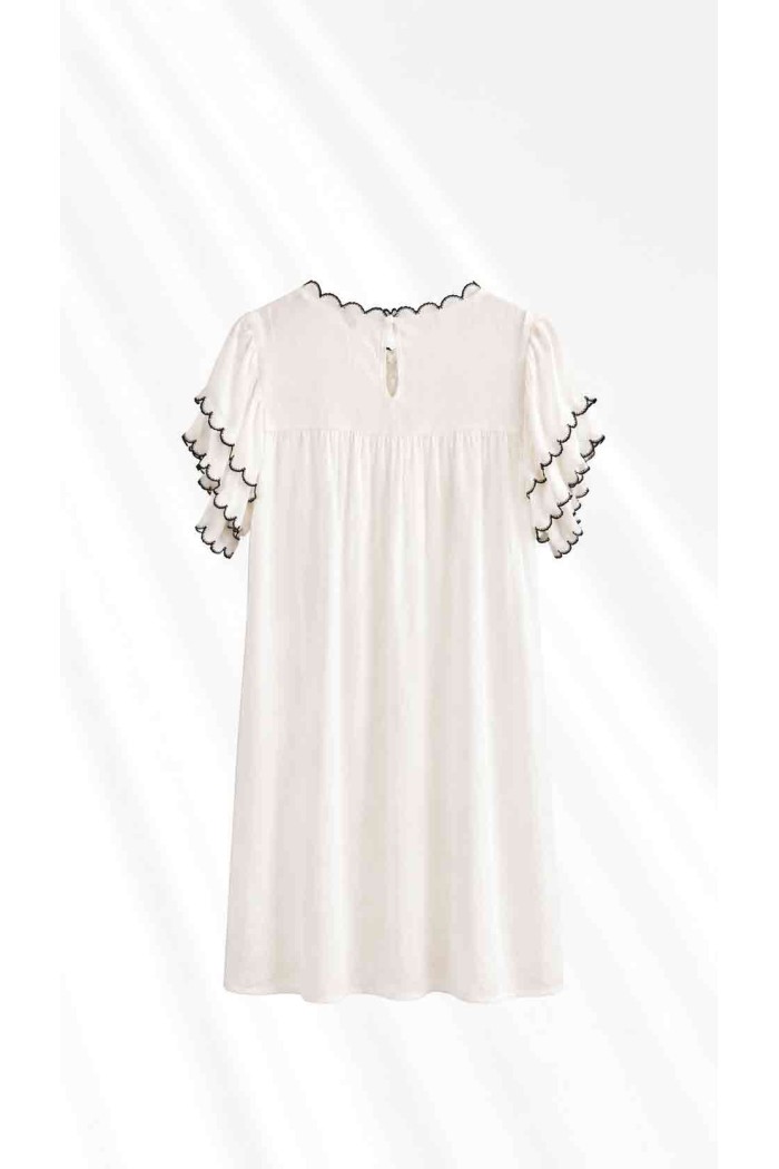 Vestido Mujer con Bordado Decorativo, Manga Corta con Volantes y Detalles de Encaje, Estilo Boho Casual FBZMR22546