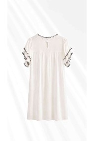 Vestido Mujer con Bordado Decorativo, Manga Corta con Volantes y Detalles de Encaje, Estilo Boho Casual FBZMR22546