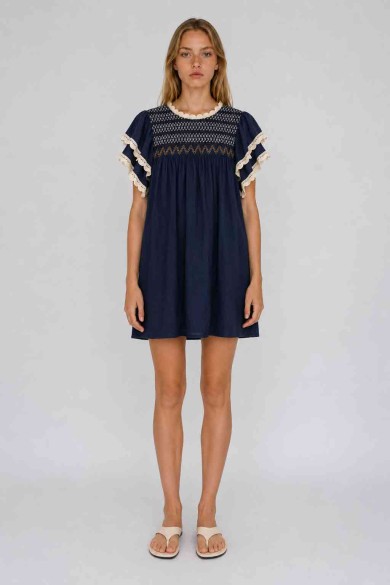 Vestido Mujer con Bordado Decorativo, Manga Corta con Volantes y Detalles de Encaje, Estilo Boho Casual FBZMR22487