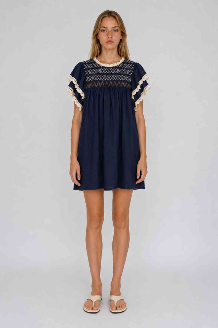 Vestido Mujer con Bordado Decorativo, Manga Corta con Volantes y Detalles de Encaje, Estilo Boho Casual FBZMR22487