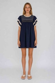 Vestido Mujer con Bordado Decorativo, Manga Corta con Volantes y Detalles de Encaje, Estilo Boho Casual FBZMR22487