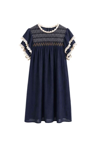 Vestido Mujer con Bordado Decorativo, Manga Corta con Volantes y Detalles de Encaje, Estilo Boho Casual FBZMR22487